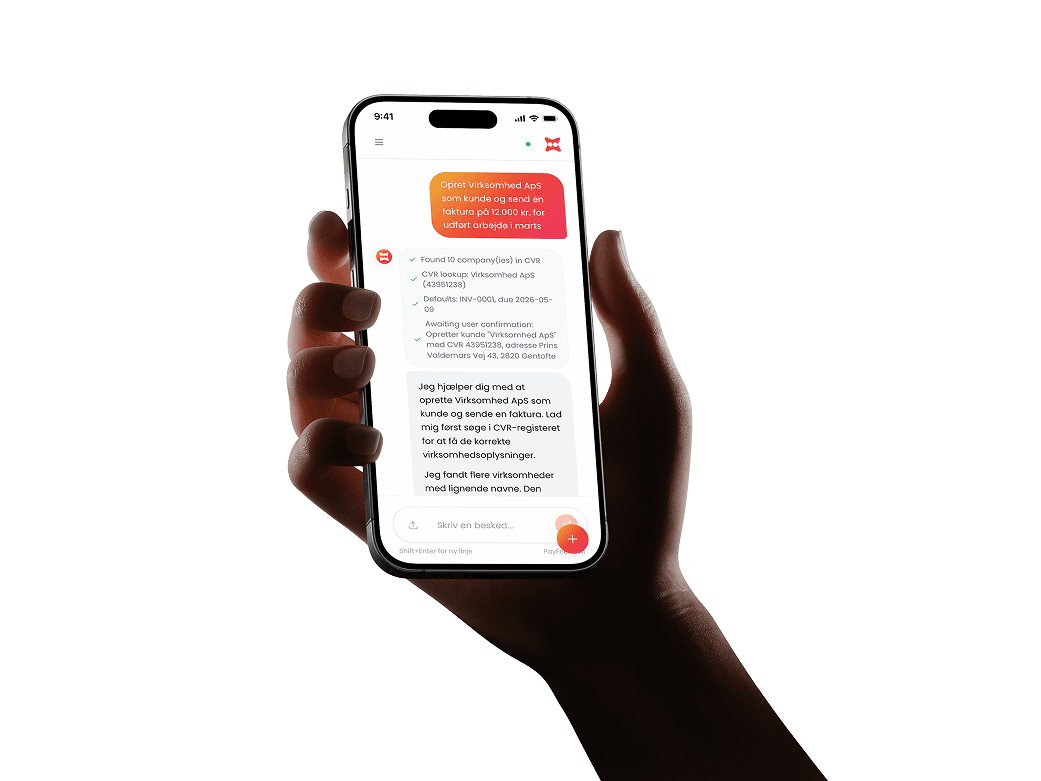 Payfriend AI chat — opret virksomhed, kunder og fakturaer via samtale