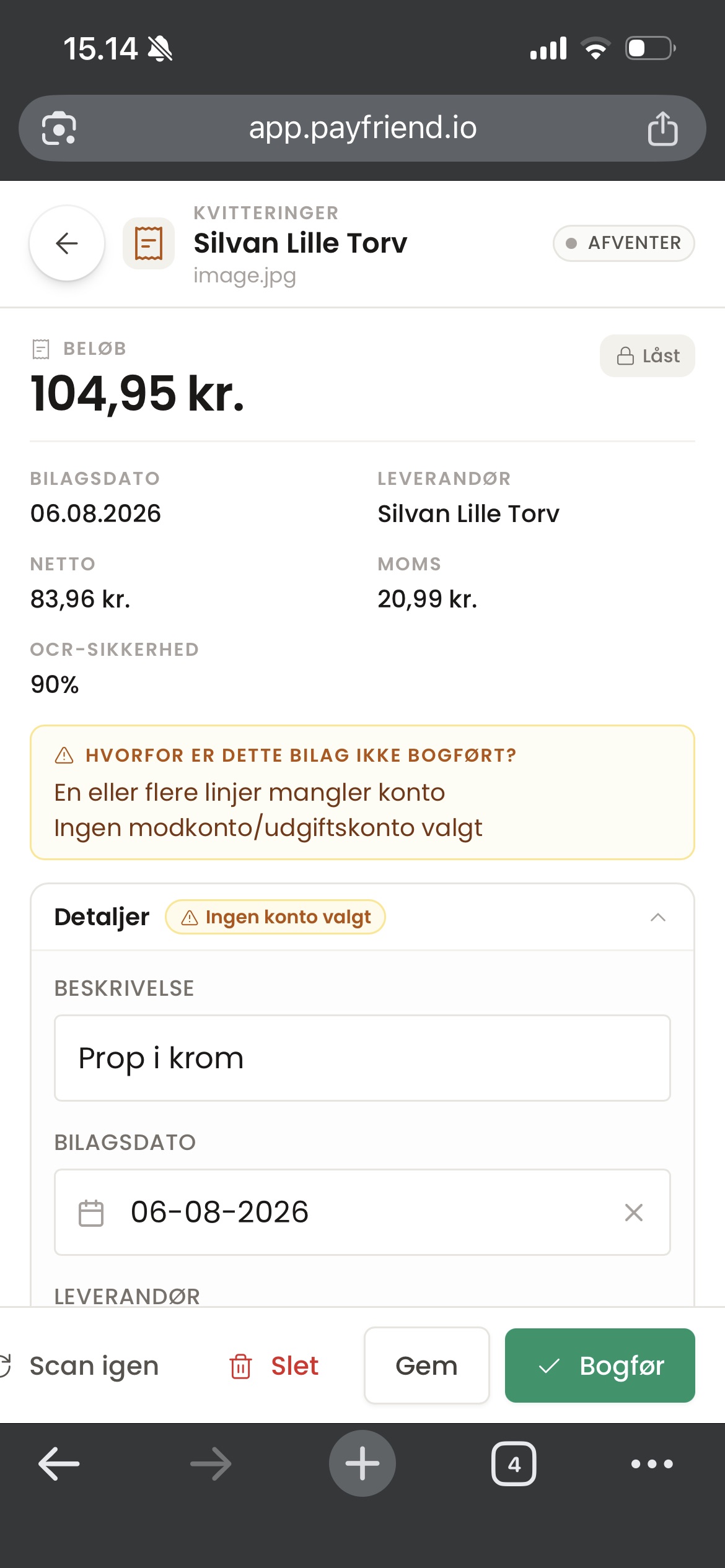 Et scannet bilag læst automatisk og klar til bogføring i Payfriend-appen
